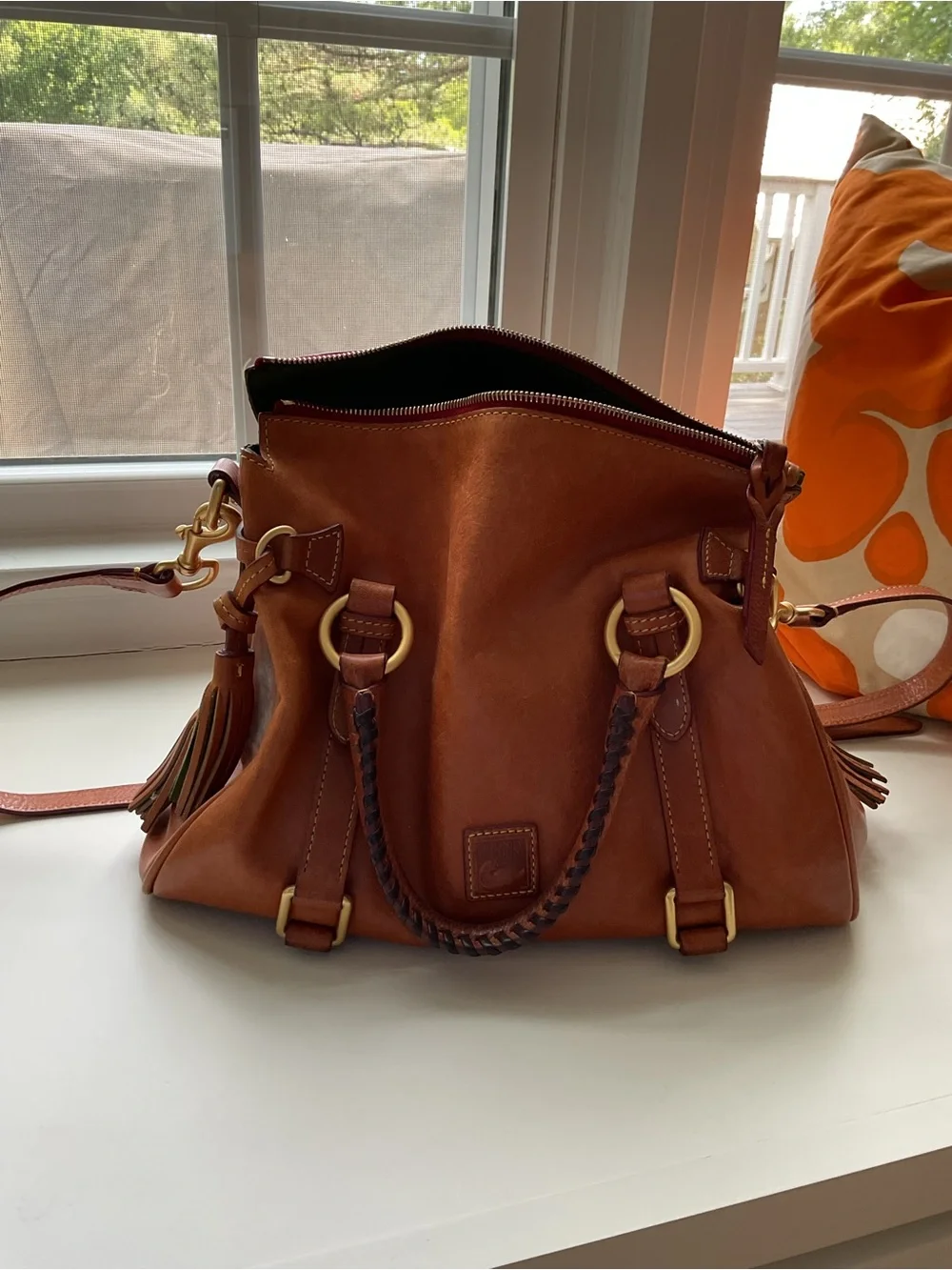 Dooney & Bourke Chestnut Brown Leather Satchel with Tassels - Picture 8 of 9